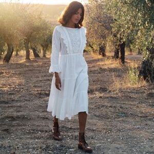 Pink City Prints Midi Dress Small Pin Embroidery Crochet White Tiered 3/4 Sleeve